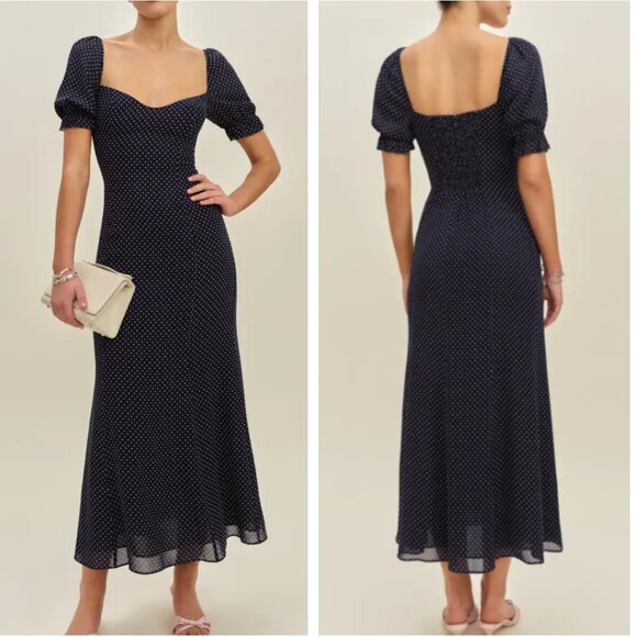 French Vibe Reformation Gloria Midi Dress Sz4 Button Navy White Polka Dots Party